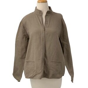 EILEEN FISHER Women's Textured Cotton Mandarin Collar Zip Up Jacket Taupe Size M